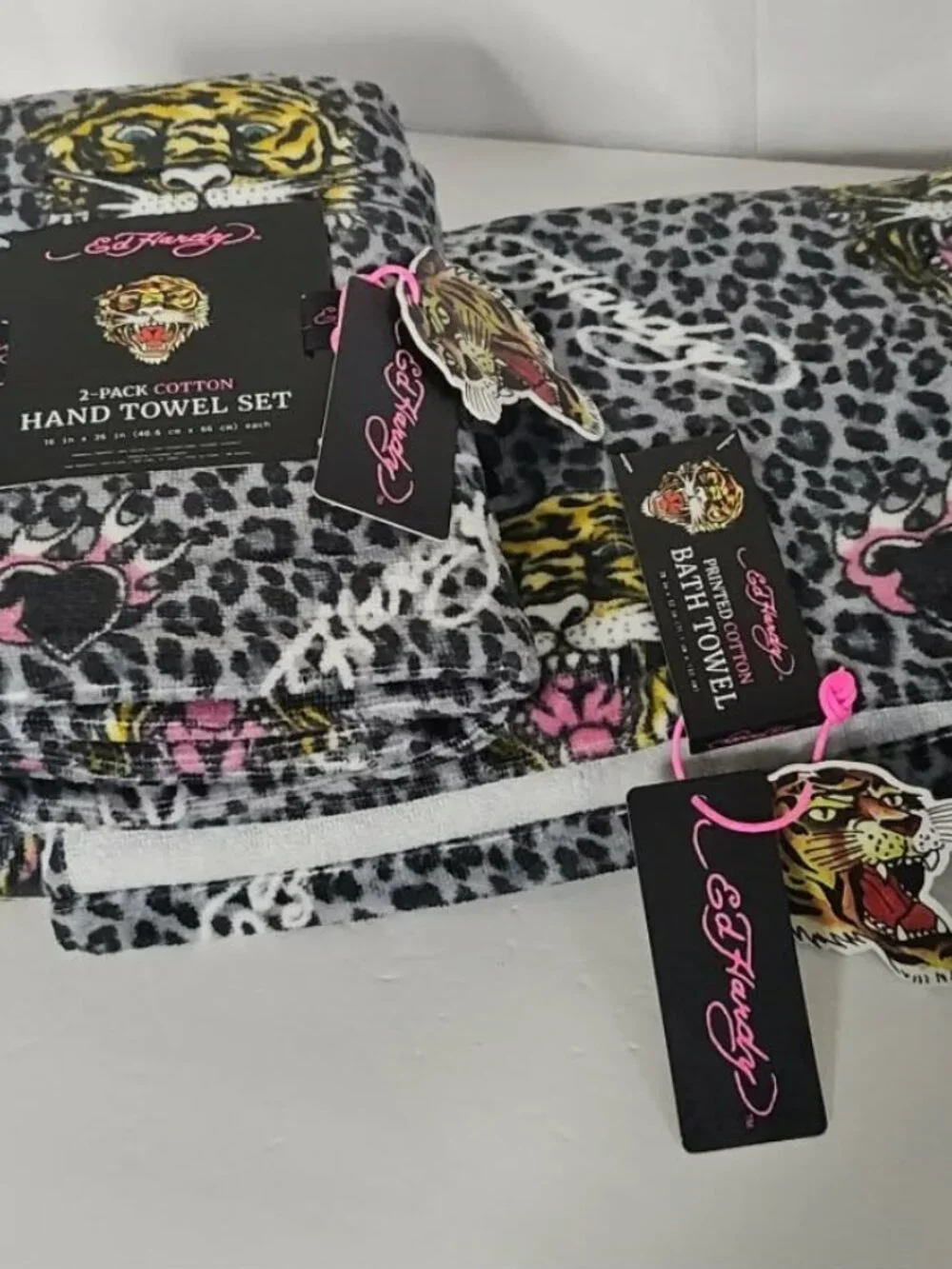 Ed Hardy 3-Piece Towel Set Grey Leopard Tiger Tattoo Print NWT